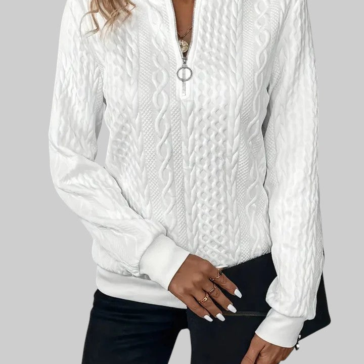 Lara - Camisola de malha feminina com fecho e padrão de tranças