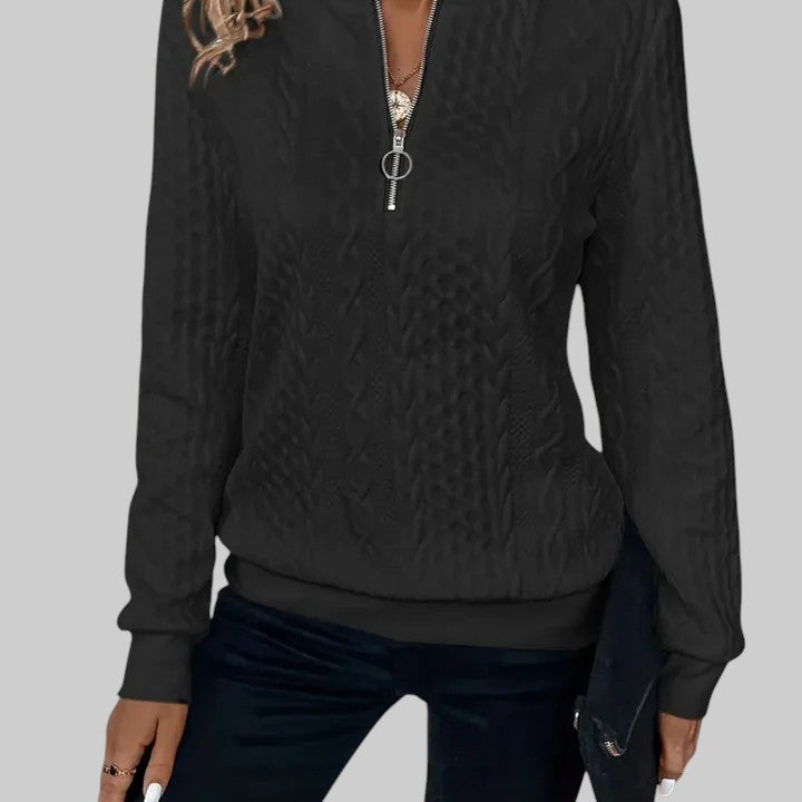 Lara - Camisola de malha feminina com fecho e padrão de tranças