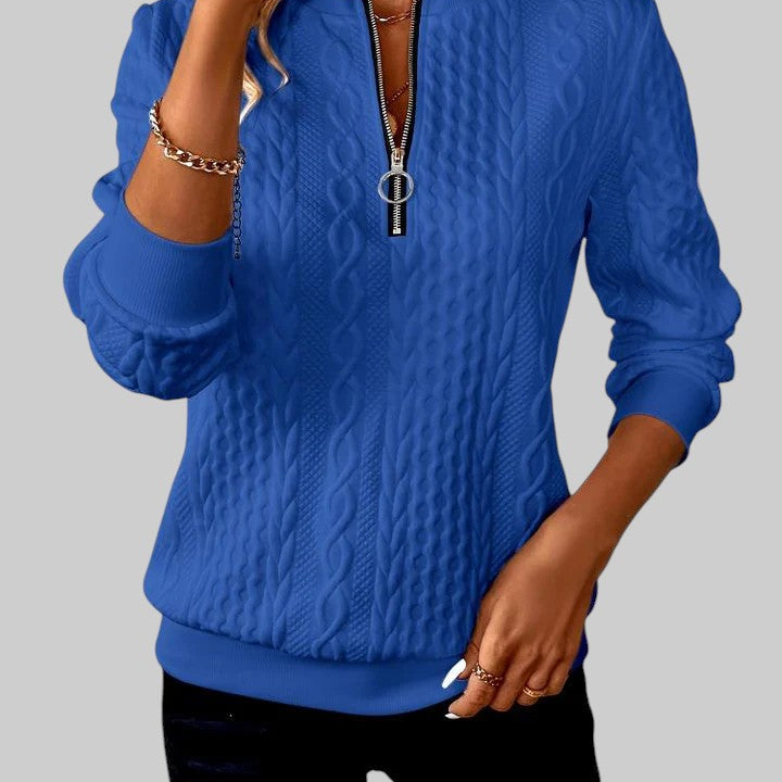 Lara - Camisola de malha feminina com fecho e padrão de tranças