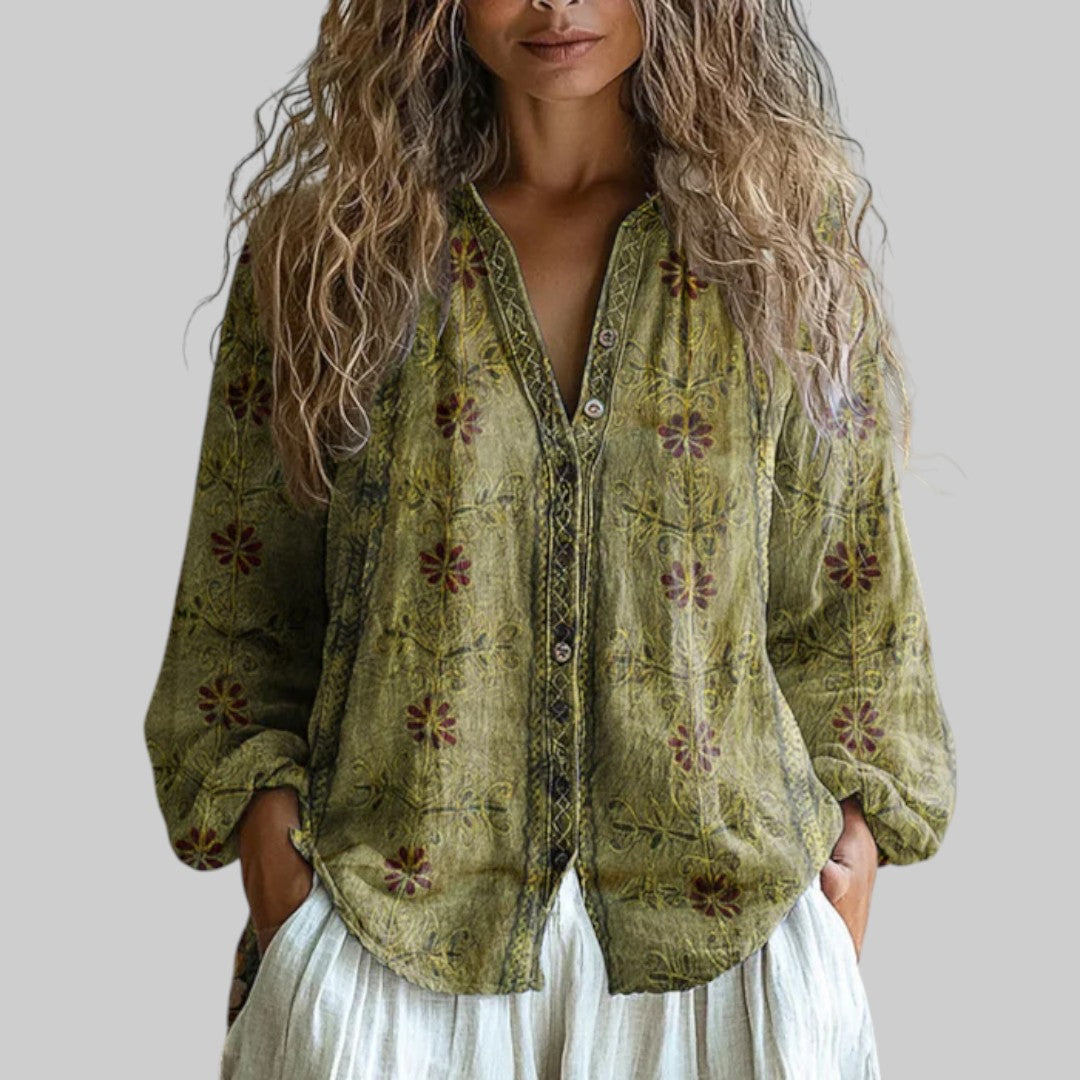 Sara - Blusa vintage com padrão de folhas